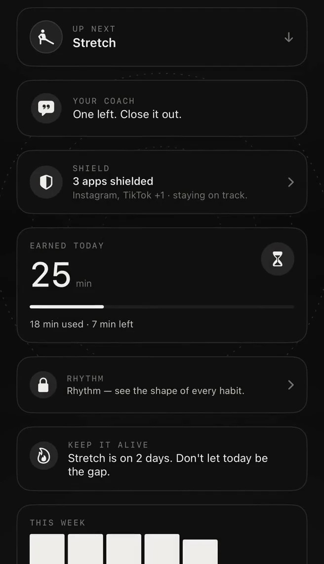 Merva's Today screen at 9:30pm: one habit left, a shield card holding Instagram, TikTok and Reddit, and the earned-time card — 25 minutes earned, 18 used, 7 left