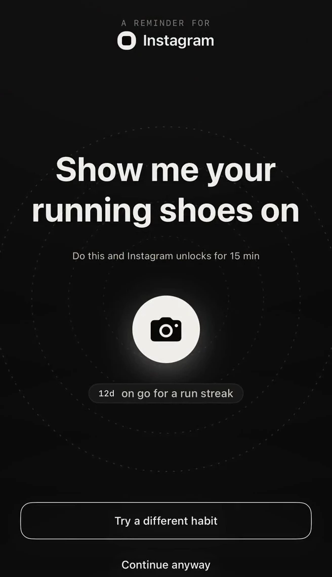 Merva's shield screen interrupting Instagram: 'Show me your running shoes on', a camera button, and a Continue anyway escape