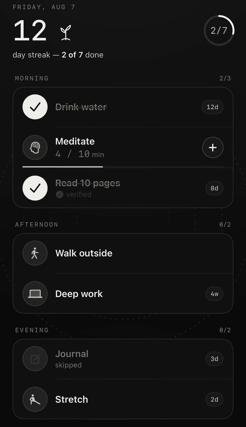 Merva's Today screen: a 12-day streak, morning, afternoon and evening sections, two habits already checked off